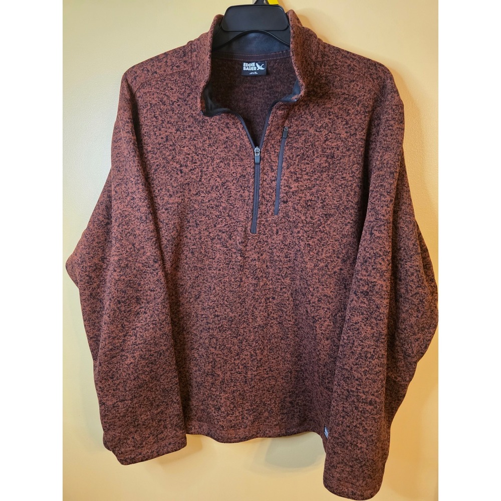 Eddie Bauer Mens XL Quarter Zip Pullover Rust Brown Marled Fleece Sweater